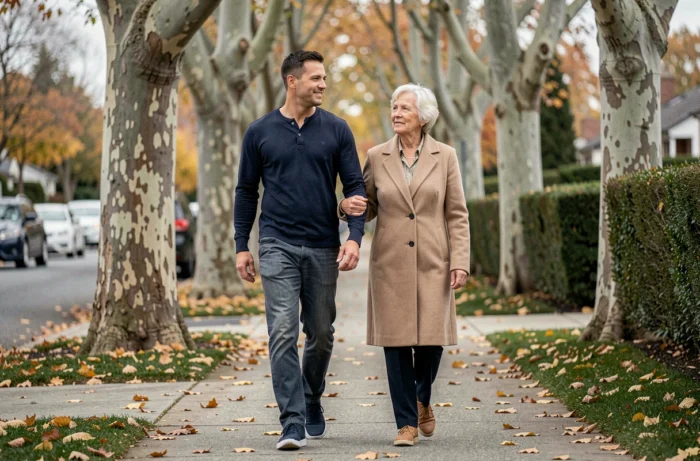 Un fils accompagne sa mère âgée lors d'une promenade en extérieur, illustrant le soutien quotidien apporté aux parents seniors