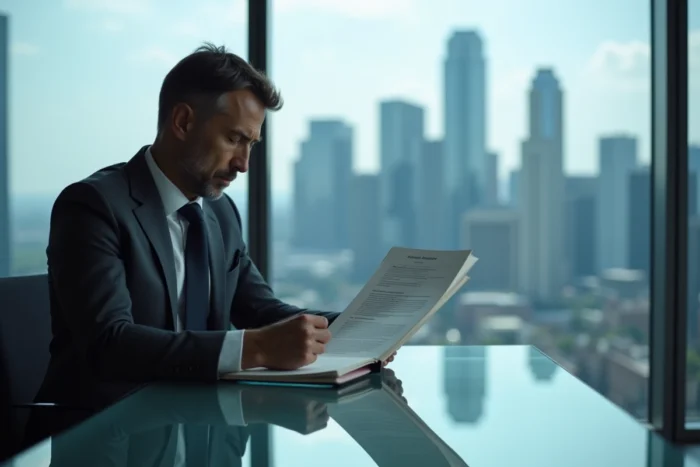 Professionnel financier allemand en costume sombre consultant un rapport fiscal dans un bureau de Francfort avec la skyline en arrière-plan
