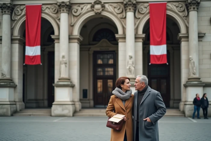 Couple autrichien en manteaux de laine marchant devant un bâtiment gouvernemental historique de Vienne avec drapeau autrichien