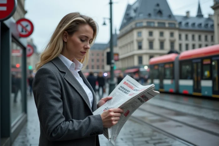 Femme belge en blazer gris lisant un journal financier à un arrêt de tram à Bruxelles avec le Parlement européen en arrière-plan