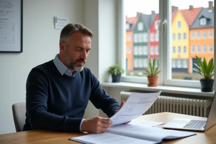 Homme danois en pull marine travaillant sur des documents fiscaux dans un bureau minimaliste avec vue sur un canal de Copenhague