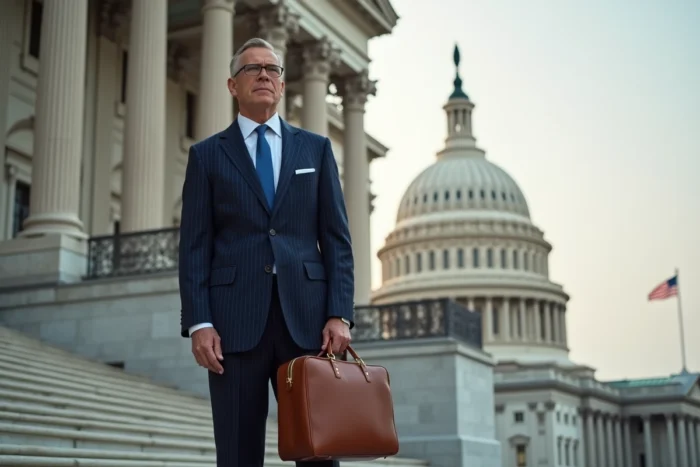 Avocat fiscaliste américain en costume à fines rayures sur les marches d'un bâtiment gouvernemental néoclassique de Washington avec le Capitole en arrière-plan
