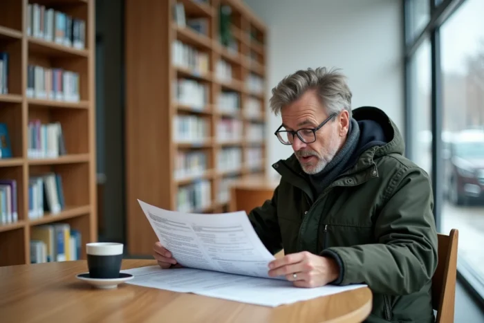 Homme finlandais en veste verte étudiant des formulaires fiscaux dans une bibliothèque moderne de Helsinki avec vue sur une rue enneigée