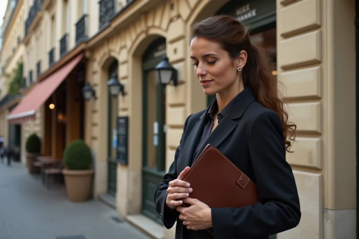 Femme française en blazer sombre tenant un portfolio devant un immeuble haussmannien à Paris avec une boulangerie en arrière-plan