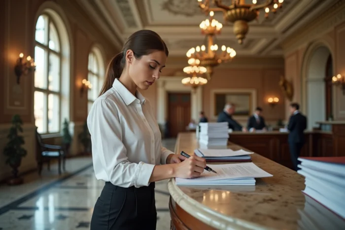 Employée administrative hongroise tamponnant des documents fiscaux officiels dans un bâtiment historique de Budapest au décor baroque
