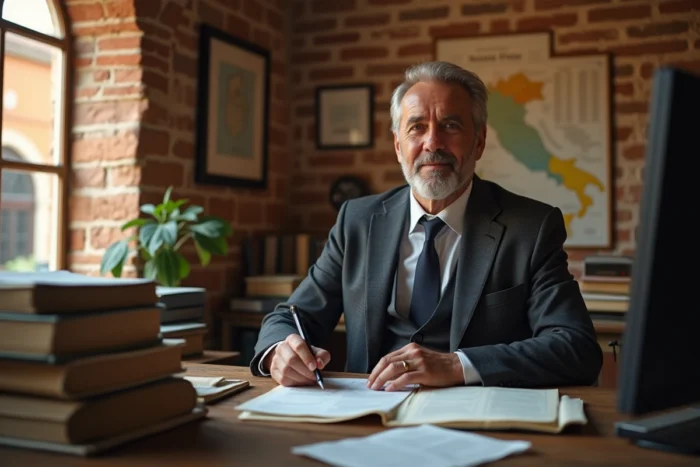 Comptable italien en costume anthracite entouré de dossiers fiscaux dans un bureau traditionnel avec vue sur une piazza romaine