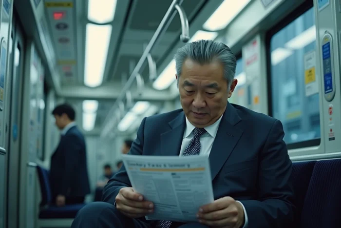 Salaryman japonais en costume marine consultant un document fiscal dans un train de banlieue tokyoïte avec des paysages urbains défilant
