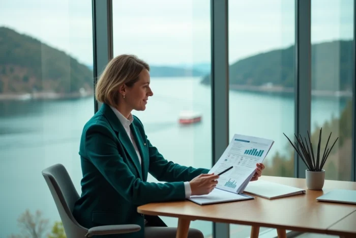 Fonctionnaire norvégienne en blazer bleu sarcelle consultant un rapport fiscal dans un bureau d'Oslo avec vue panoramique sur le fjord