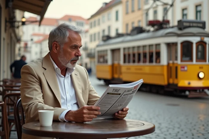 Homme portugais en lin beige lisant un magazine financier à une terrasse de café à Lisbonne avec le tram jaune et des façades en azulejos