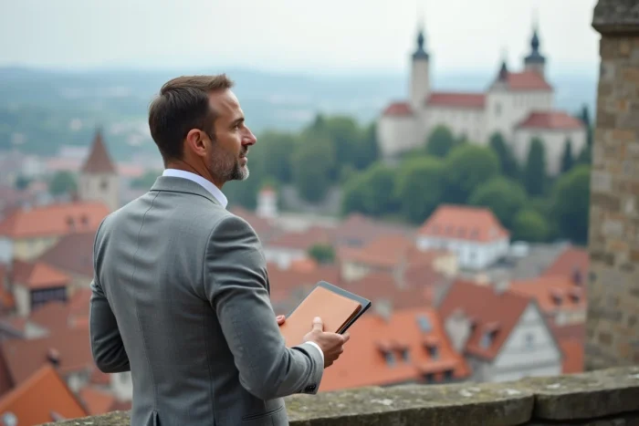Économiste slovène en costume gris clair devant le château de Ljubljana avec vue sur la vieille ville aux toits rouges