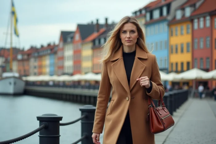Femme d'affaires suédoise en manteau camel marchant sur un quai de Stockholm avec des bâtiments colorés et un drapeau suédois