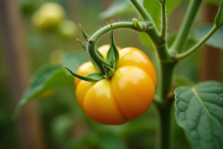Fleur de tomate jaune en gros plan sur une tige verte dans un jardin potager