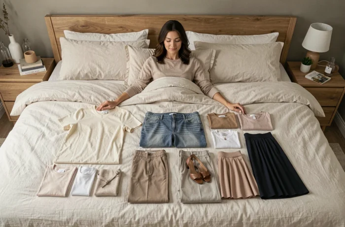 Femme qui prépare trois formules de tenues réutilisables posées sur un lit, organisées par combinaison complète