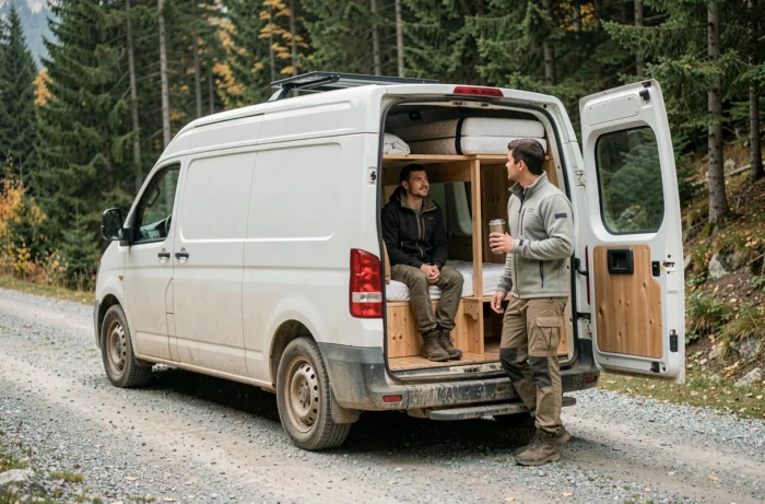 Fourgon aménagé double étage portes ouvertes en forêt alpine avec deux voyageurs en pause