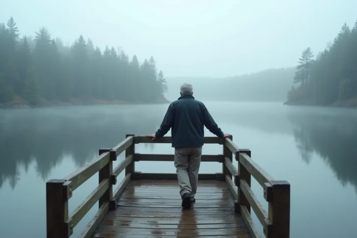 Homme discret et contemplatif sur un ponton en bois face à un lac brumeux entouré de forêts de pins, portrait environnemental d'un voyageur solitaire et pensif