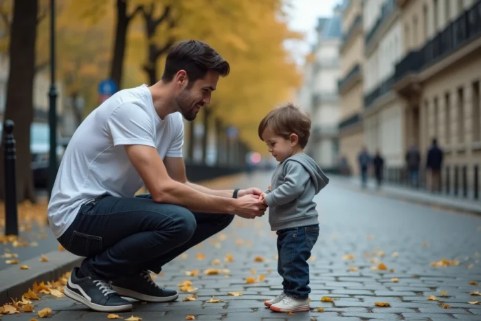 Moment tendre entre un père et son enfant sur un trottoir parisien en automne, scène de vie personnelle