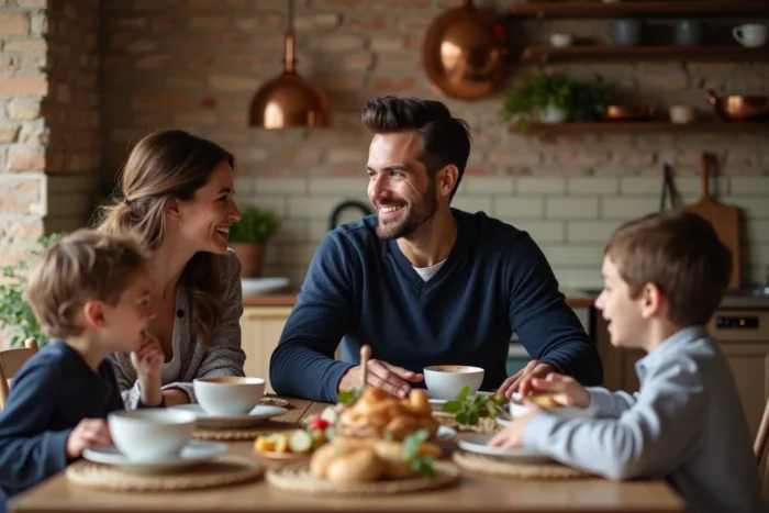 Scène intime de repas en famille autour d'une table en bois dans une cuisine française authentique