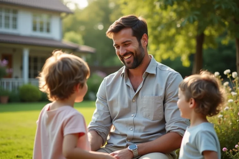 Un père en famille dans son jardin, riant avec ses enfants lors d'un moment de vie personnelle et intime