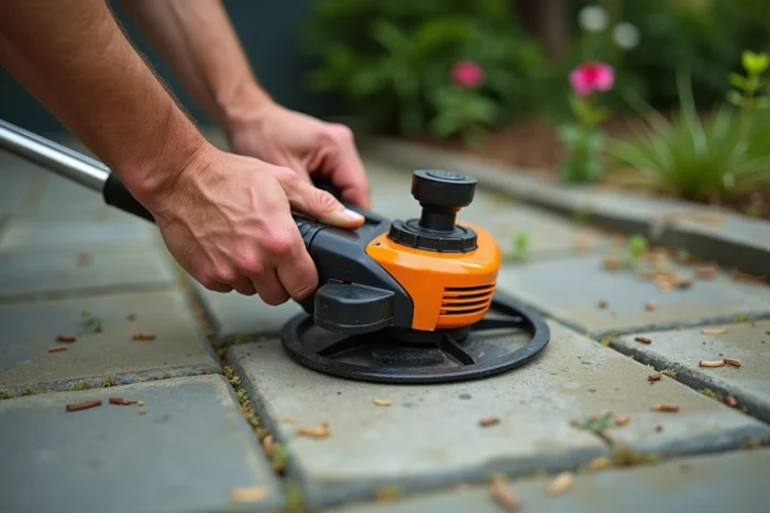Gros plan de mains appuyant sur le bouton de la bobine d'un rotofil contre le sol pour allonger le fil de coupe
