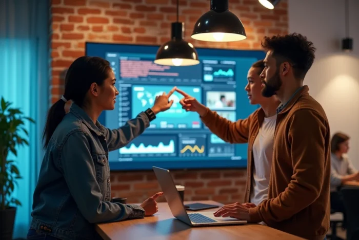 Groupe de collègues discutant des actualités marquantes et tendances en direct sur un écran dans un espace de coworking