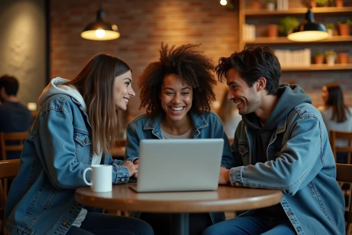 Groupe de jeunes professionnels discutant des tendances numériques autour d'un ordinateur dans un café