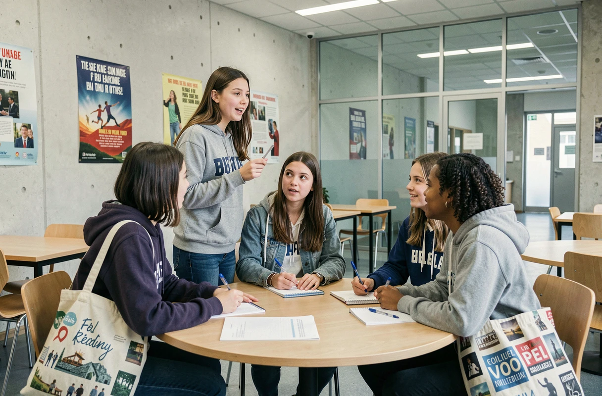 Groupe de lycéens s'entraînant ensemble à la préparation du grand oral dans une salle d'étude