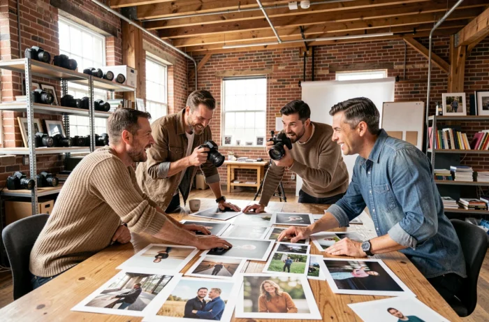 Groupe de photographes contemporains réunis dans un studio industriel pour discuter et partager leurs convictions autour de tirages photographiques étalés sur une table en bois