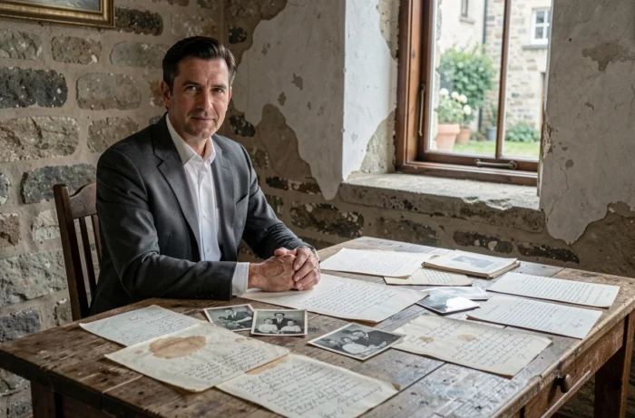 Homme en costume gris examinant de vieux documents et photographies de famille vintage sur une table en bois, illustration de la curiosité autour des origines de Guillaume Farde