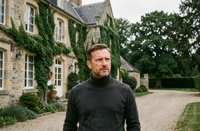 Homme au pull col roulé devant un manoir en pierre ancien à la campagne française, symbolisant la quête des racines familiales et l'intérêt pour l'histoire de Guillaume Farde en 2026