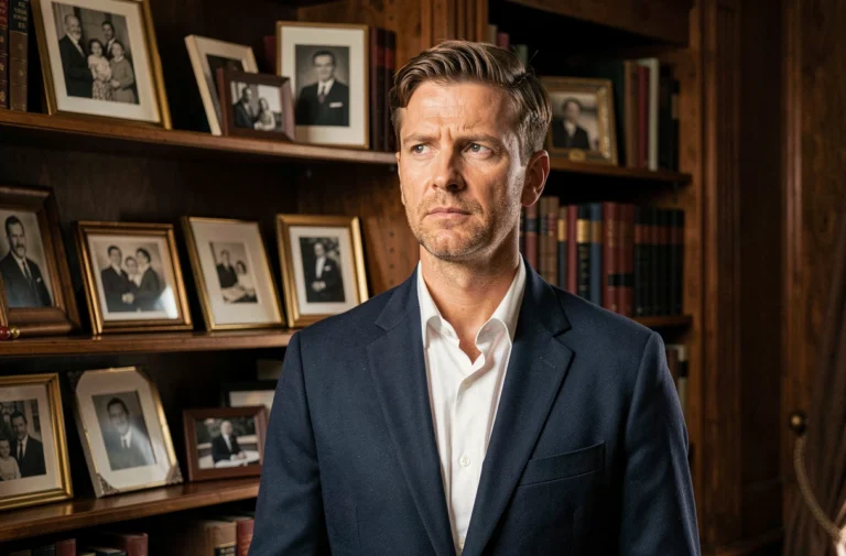 Homme pensif devant une bibliothèque remplie d'albums de famille et de photos encadrées, évoquant la recherche des origines et de l'histoire familiale de Guillaume Farde