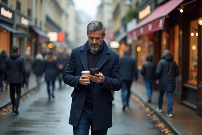 Homme lisant les actualités de la semaine sur son smartphone dans une rue animée de la ville en automne