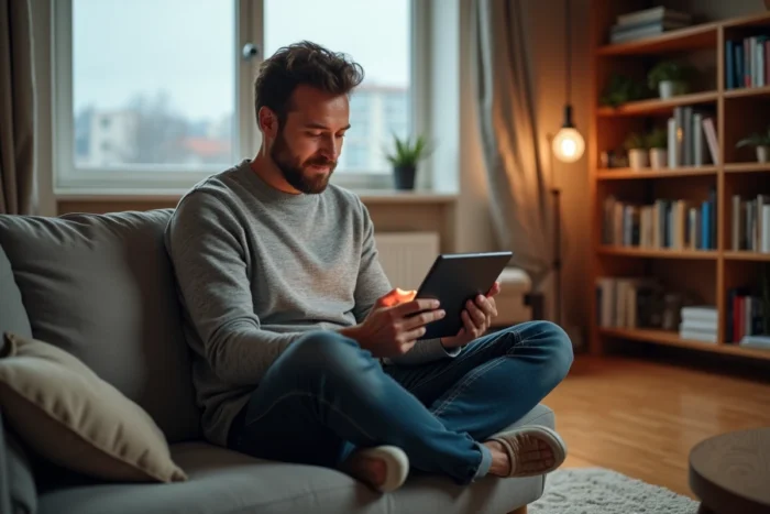 Homme consultant des tendances et actualités du moment sur une tablette numérique dans un salon contemporain