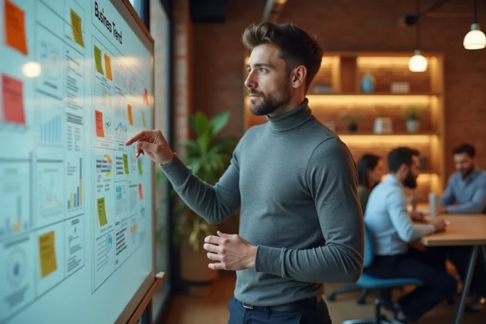 Homme d'affaires présentant des tendances et innovations économiques sur un tableau blanc dans un espace de coworking