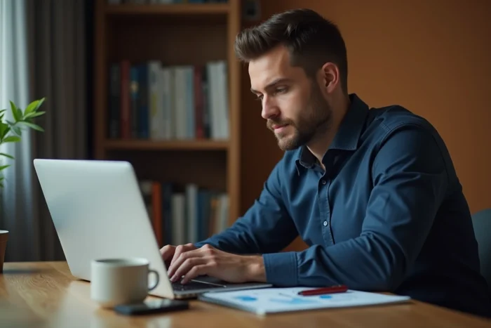 Homme en chemise bleue analysant des graphiques financiers sur un ordinateur portable dans un bureau moderne à domicile