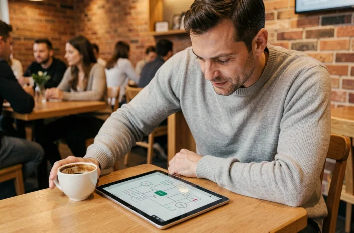 Uomo che analizza la struttura di un sito web su un tablet in un caffè moderno