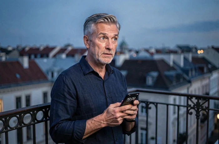 Uomo su un balcone urbano che osserva il suo telefono che mostra 19:09, rappresentando la scoperta dell'ora speculare e il suo messaggio numerologico