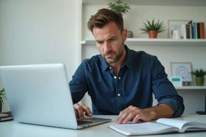 Homme travaillant sur un budget numérique dans un bureau à domicile minimaliste, gestion des finances personnelles sur ordinateur portable