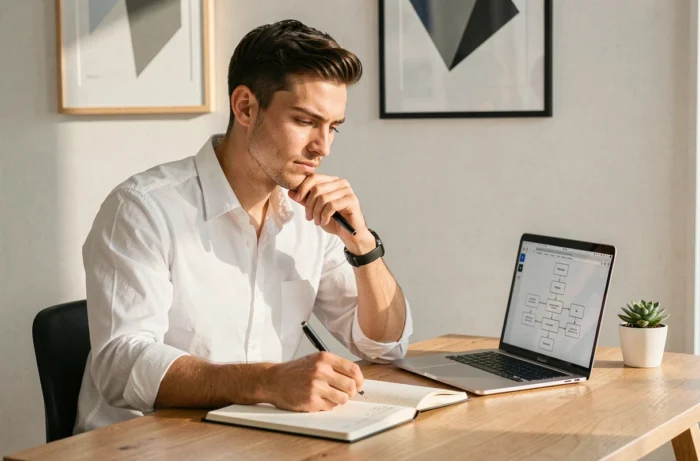 Jeune homme travaillant seul à son bureau à domicile en appliquant la méthode des 5 pourquoi dans un cahier avec un schéma de questions sur son ordinateur