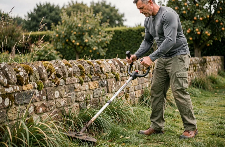 Homme utilisant une débroussailleuse à tige droite pour entretenir les bordures d'un jardin de campagne français