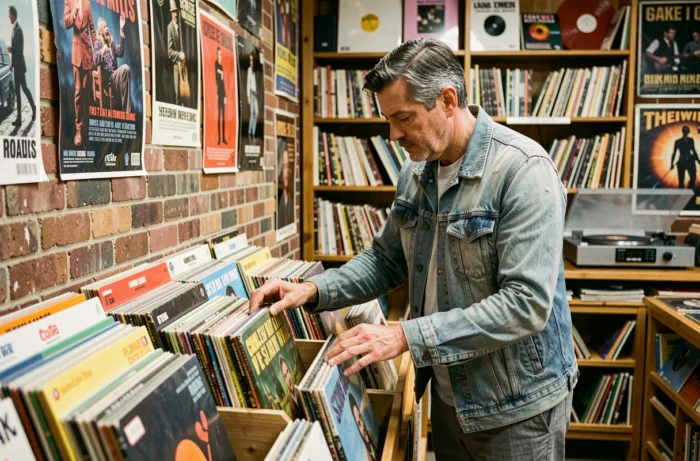 Homme parcourant des vinyles dans un magasin de disques indépendant, illustrant les loisirs culturels et la passion musicale