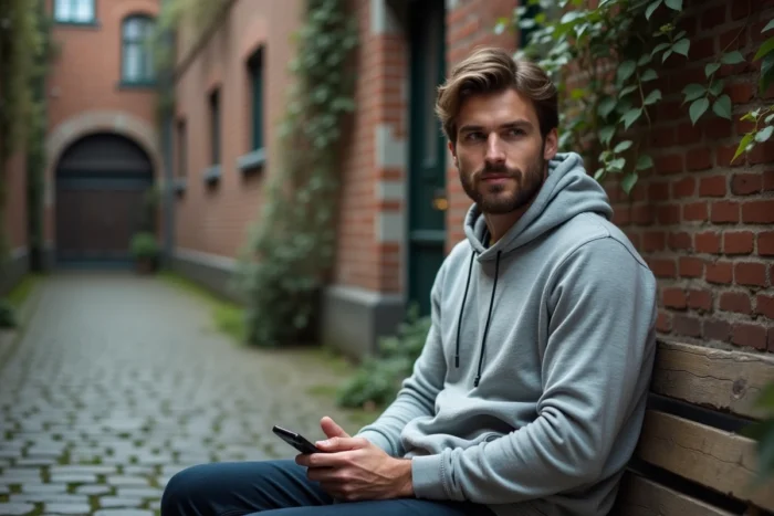 Homme décontracté portant un hoodie Pull and Bear gris dans une cour urbaine aux pavés et murs en briques anciennes