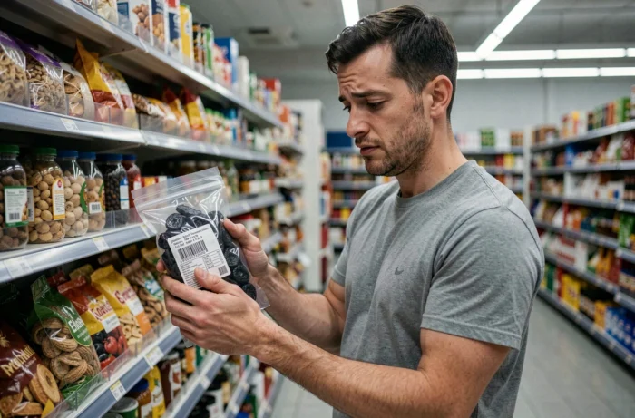 Homme lisant la date de péremption d'un sachet de pruneaux dans un supermarché