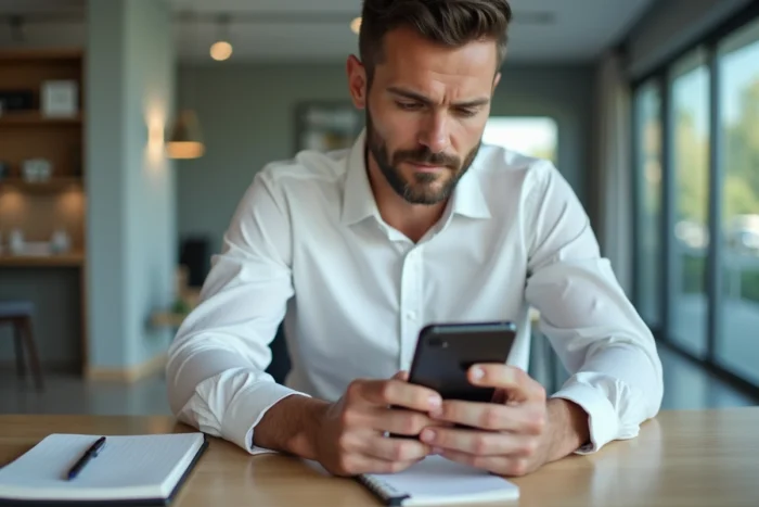 Homme professionnel recherchant des annonces immobilières sur smartphone dans un bureau moderne