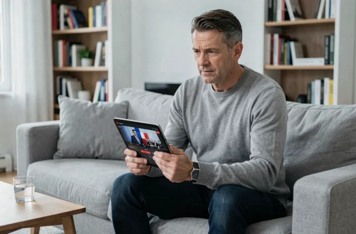 Homme regardant le livestream de LesEntreprisesFrenchy Event 2026 sur une tablette depuis son salon