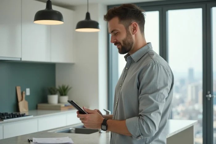 Homme numérisant des documents importants avec un smartphone pour les archiver dans un coffre-fort en ligne sécurisé