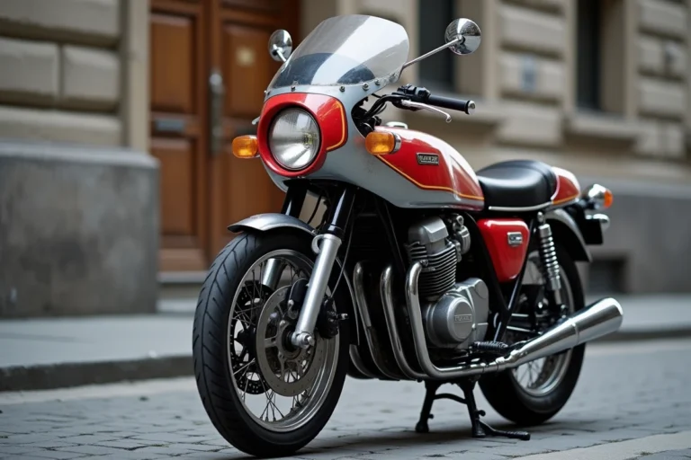 Honda CB 900 Boldor rouge et argent garée dans une rue urbaine pavée, vue de trois quarts avant