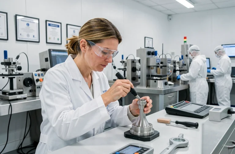 Ingénieure française inspectant un composant médical de précision dans une usine de fabrication de matériel médical certifiée