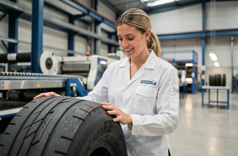 Ingénieure Michelin en uniforme blanc inspectant un prototype de pneu dans une usine de fabrication moderne