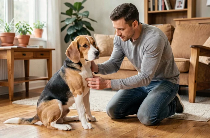Propriétaire inspectant les glandes anales de son beagle à domicile pour prévenir les abcès