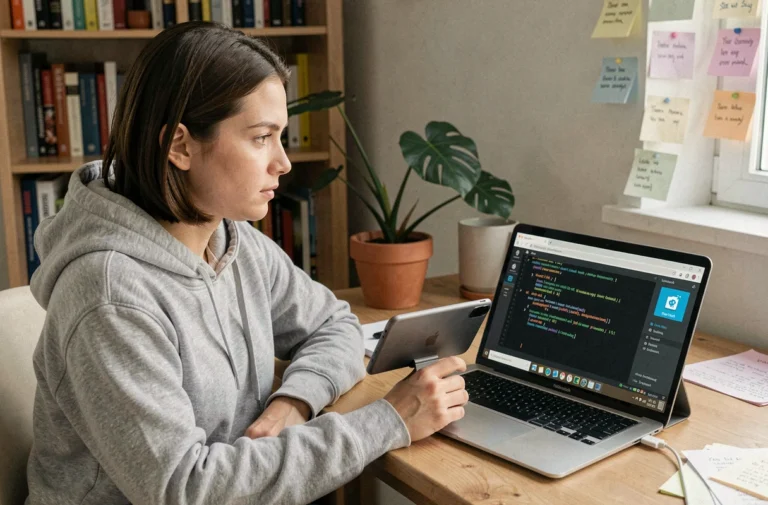 Femme installant Ubuntu Touch sur une tablette Android connectée à un ordinateur portable via USB dans un bureau à domicile